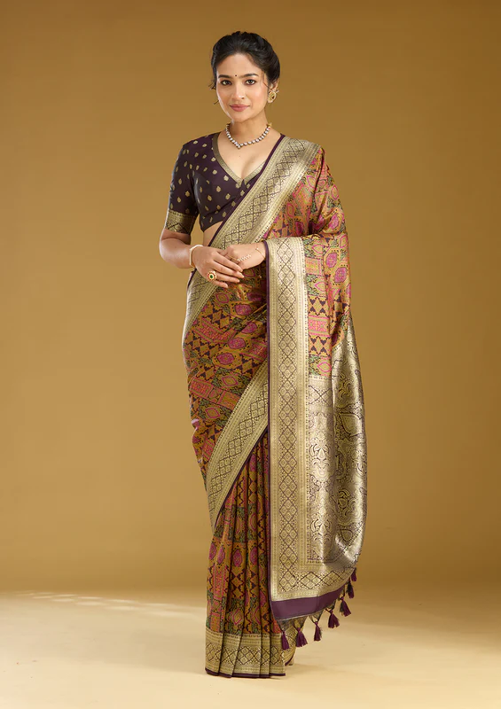 Wine Zariwork (Gold) Art Silk Saree